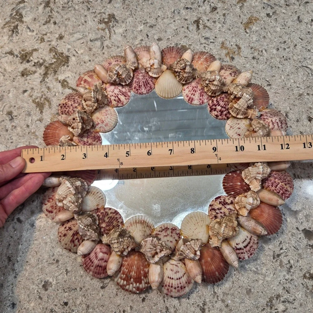 Vintage Handmade Seashell Wall Mirror Round Coastal Beach Decor Pink White 12